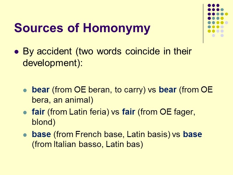 Sources of Homonymy By accident (two words coincide in their development):   bear